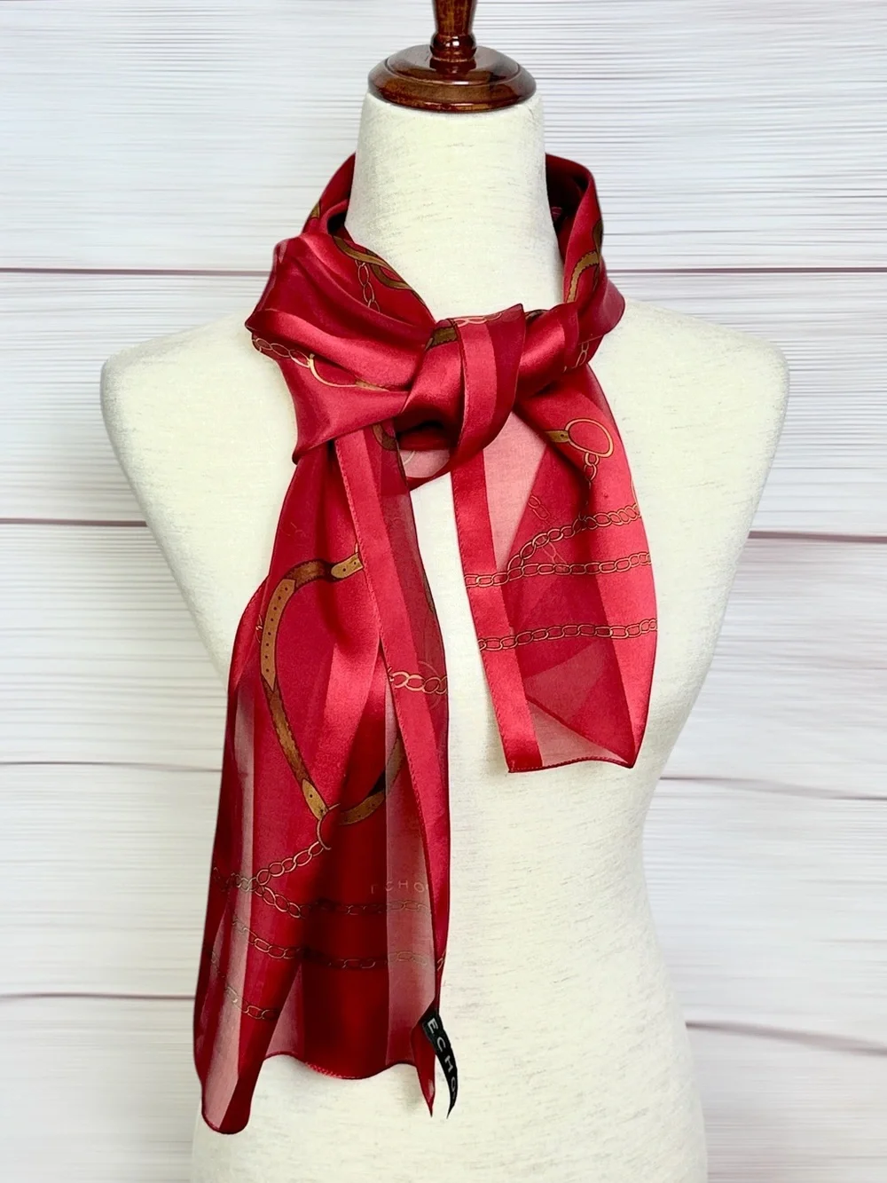 ECHO Silk Scarf Red Burgundy Equestrian Belt Chain Print Chiffon Satin
